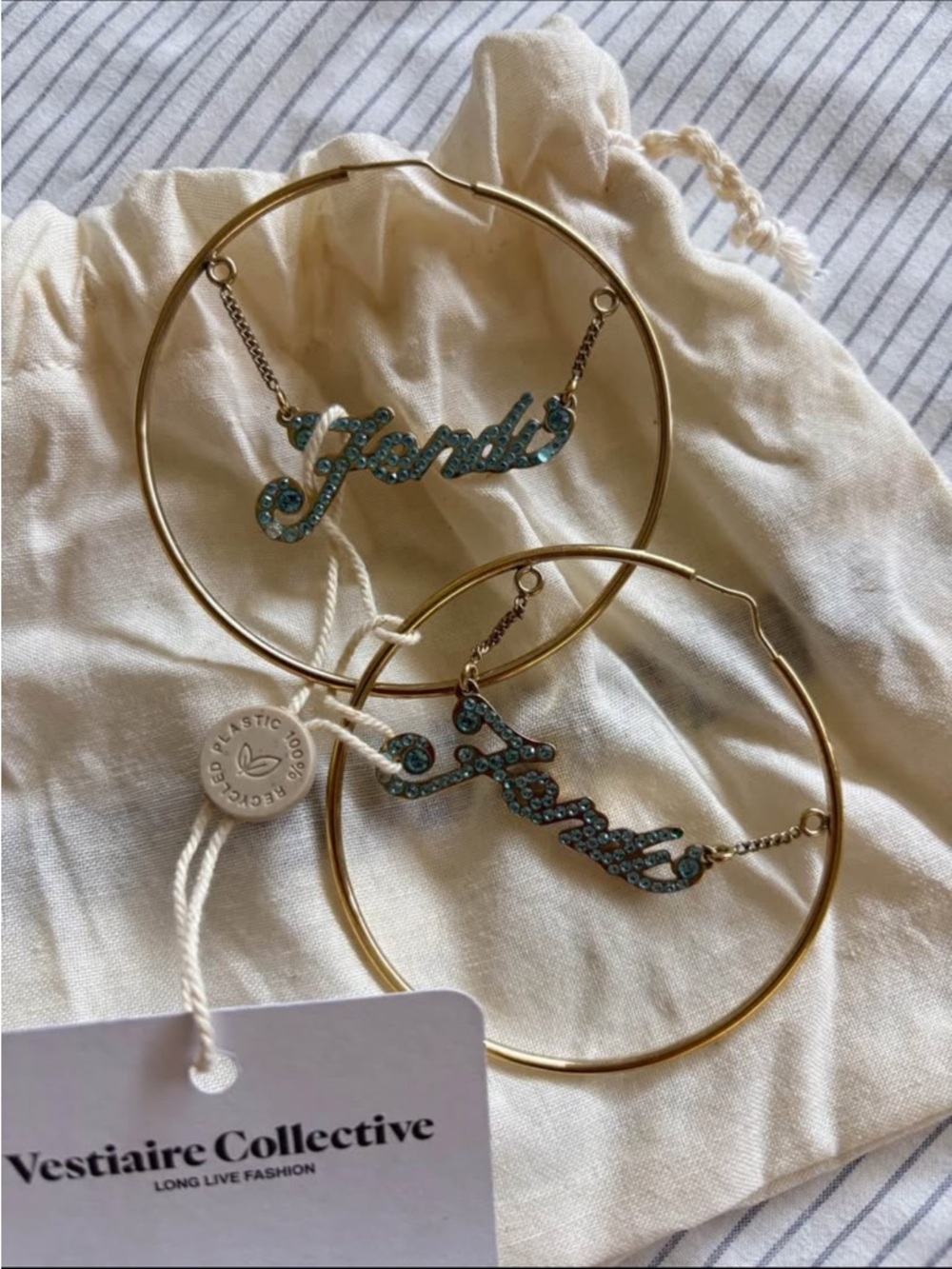 FENDI Gold Hoop Earrings Rhinestone